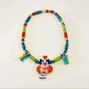 Vintage Signed Tatiri Fashion Hand Crafted Wooden Cat Tail Dangle Necklace RARE